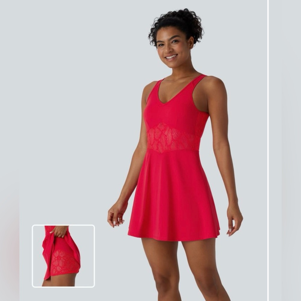 HALARA Vibrant Red Mini Dress with Lace Accent